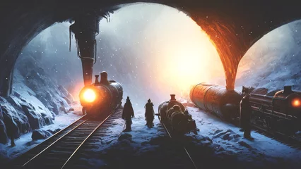 Vitrage gordijnen Grijs Fantasy winter landscape with a train. Ice gorge, cave. Fir trees in the snow, a fabulous train rides on rails, smoke, spotlights, winter night. 3D illustration.