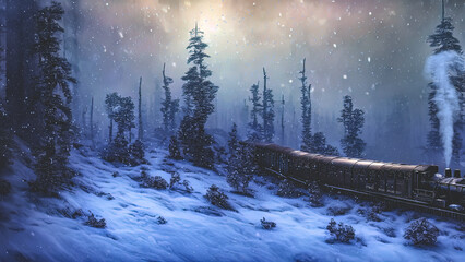 Fototapeta premium Fantasy winter forest with a train. They ate in the snow, a fabulous train rides on rails, smoke, spotlights, a magical winter forest at night. 3D illustration.