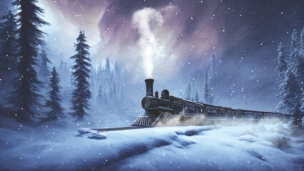Fantasy winter forest with a train. They ate in the snow, a fabulous train rides on rails, smoke, spotlights, a magical winter forest at night. 3D illustration.