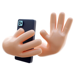 3D Cartoon hand holding smartphone isolated Hand using mobile phone mockup. 3d render illustration