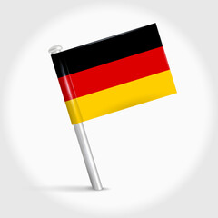 Germany map pin flag icon. German pennant map marker on a metal needle. 3D realistic vector illustration.
