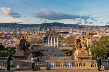 Panorama of Barcelona from the mountain Montjuic. View of the square of Spain, Plaza de Espana. Catalonia, Spain