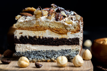 multi-layer cake with different layers, close up