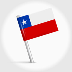 Chile map pin flag icon. Chilean pennant map marker on a metal needle. 3D realistic vector illustration.