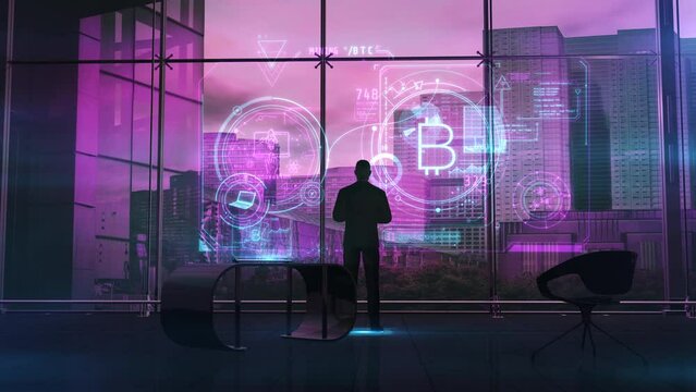 Businessman in office in front of infographic about cryptocurrency, 3D render