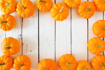 Autumn frame of orange pumpkins over a white wood background. Overhead view with copy space.