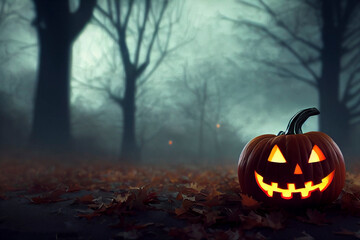 Jack-o'-lantern smiling, pumpkins sitting in the leaves, Halloween autumn fall night