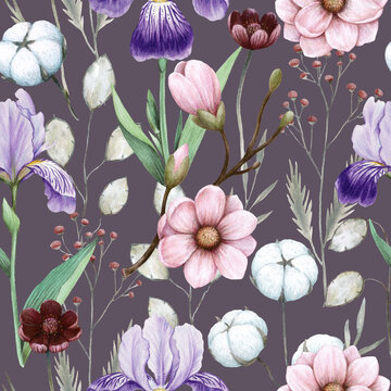 Watercolor magnolia and iris flowers seamless pattern. Hand drawn detailed realistic vintage illustration. © Yuliya