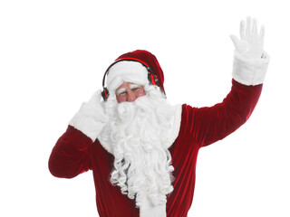 Santa Claus with headphones listening to Christmas music on white background