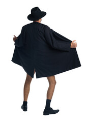 Exhibitionist exposing naked body under coat isolated on white, back view