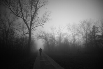 Silhouette of man walking through park down the footpath on a misty winter day