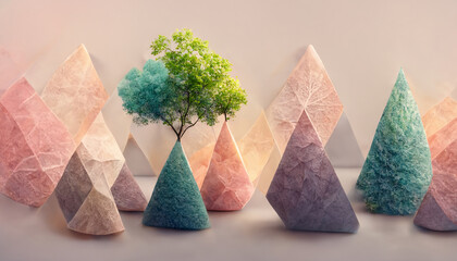 Soft colored geometric shapes with a tree growing in the middle