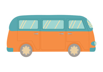 Doodle flat clipart. Travel car, trailer. All objects are repainted.
