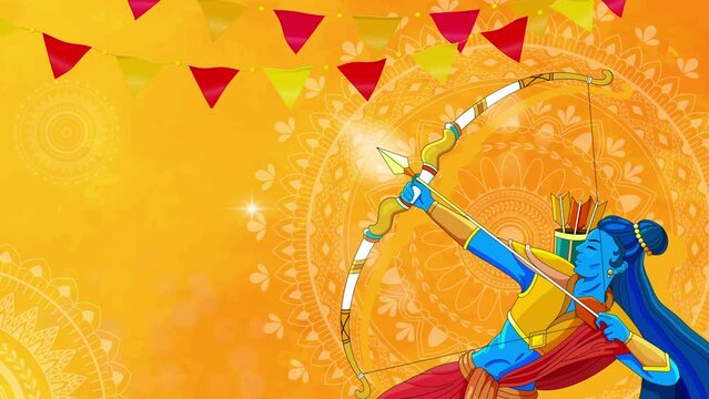 Happy Dussehra Vijayadashami video concept. Moving banner with Rama archery. Dynamic greeting card for Hindu religious holiday. Indian traditional festival Dusshera. Flat graphic animated cartoon