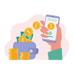 Money transfer online. Cash goes to the account, transaction using a smartphone. Movement of capital, earn money on the internet, financial operations. Vector illustration flat..