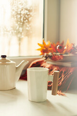 autumn coffee and books, rain outside the window. cozy autumn