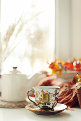 autumn coffee and books, rain outside the window. cozy autumn