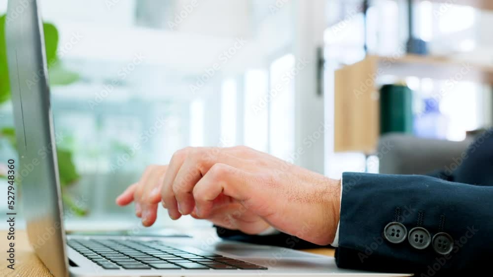 Poster Business, technology and working hands on laptop and phone multitasking at work in a corporate office. Professional worker typing email or tasks on a computer keyboard at a desk at the workplace.