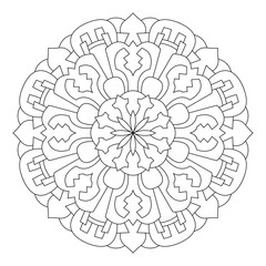 Mandala pattern illustration. An Oriental decorative round ornament can be used for meditation background, therapy, and a coloring page.