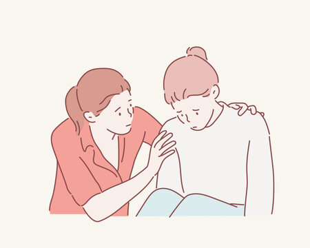 Girl trying to comfort and encourage to her sad best friend stressing. Hand drawn style vector design illustrations.