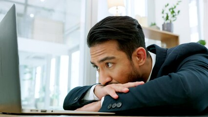 Tired, frustrated and bored businessman working on a laptop and checking his phone in an office. Professional manager reading company staff documents on a computer at his corporate job. - Powered by Adobe