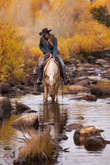 Wyoming Cowgirl at Work in the Fall - obrazy, fototapety, plakaty