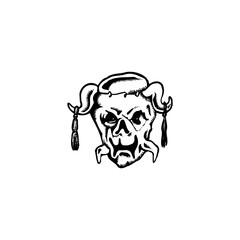 Sketch of a horned human head on a black and white background for a tattoo or icon