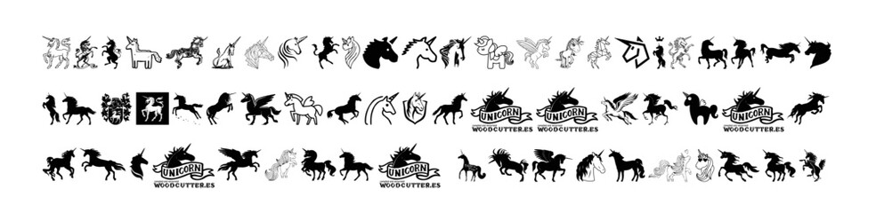 A collection of unicorn sketch art for tattoos or icons on a black and white background © YB Art and Design