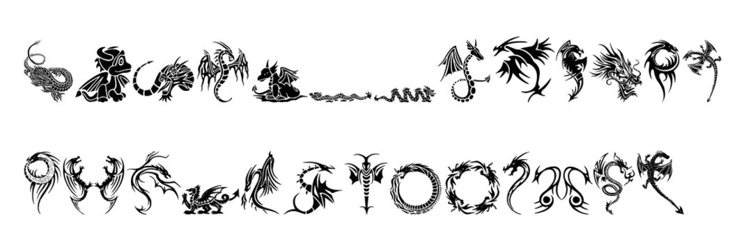 A collection of dragon sketch art for tattoos or icons on a black and white background