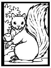 Squirrel sketch on black and white background inside frame for comic or coloring.
