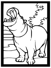 Hippo sketch on black and white background inside frame for comic or coloring.