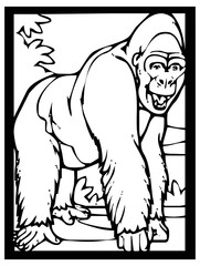 Sketch of a gorilla on a black and white background in a frame for comics or learning to color for children.