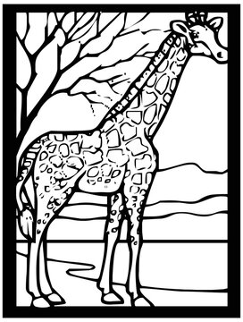 Sketch of a giraffe on a black and white background in a frame for comics or coloring.