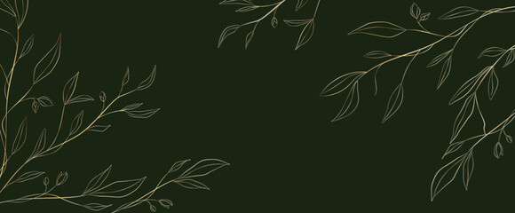 Dark green art background with golden leaves of tree branches in line style. Hand drawn botanical banner for packaging design, decor, print, textile, interior, wallpaper, invitations.