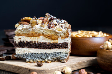 multi-layer cake with different layers, close up