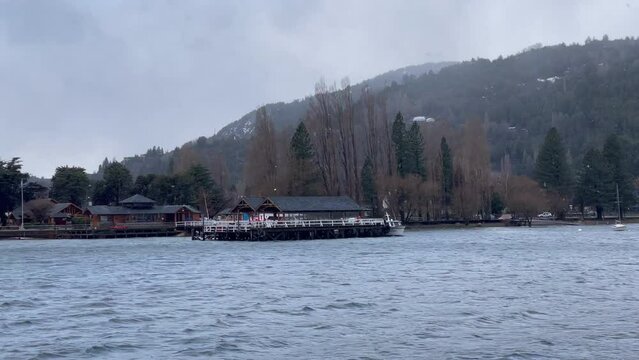 A Tour Boat on the Lacar Lake near Quila Quina Village, Patagonia, Neuquen Province, Argentina. 4K Resolution.