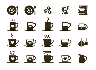 Set 20 solid icons of a coffee cup, bean, or jar on white background. Vector illustration.