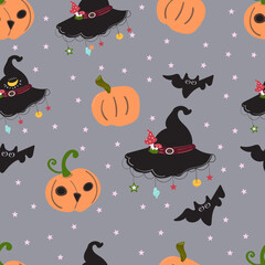 Witch hat for Halloween and ripe orange pumpkin background pattern cartoon