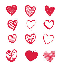 12 hearts style, hand-drawn, love day or valentine. Vector illustration symbol.