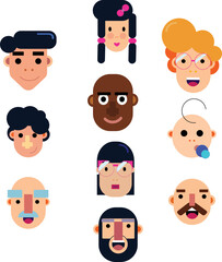 Male and female cartoon illustration vectors. cute cartoon modern simple design. different human icons. flat 2d cartoon style . set of people smiling faces. expression emoji emotion set