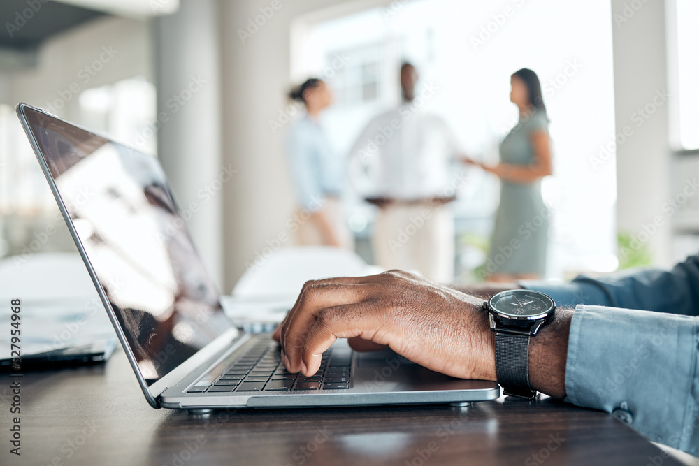 Poster hands typing, research and working business man on a work laptop busy with marketing data. online pl