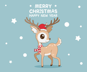 Cute reindeer wearing Santa Claus hat with a red and white scarf and Merry Christmas message with Happy New Year. Vector illustration.