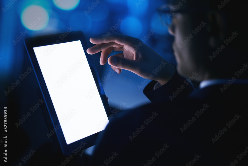 Fototapete tablet mock up, white screen and contact us website in a hand of a business man for advertising or d