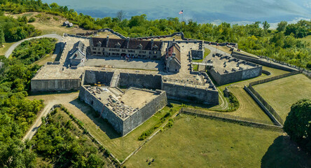 Close up aerial view of Fort Ticonderoga on Lake George in upstate New York from the revolutionary war era with four bastions, demi lune, ravelin, covered way and glacis