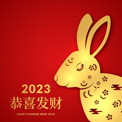 Chinese New year 2023. Year of rabbit. greeting card template with golden bunny decoration with element