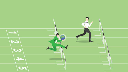 Concept of ESG and green business policy of environmental concern, save a planet, eco friendly, sustainability company. A businessman holds earth, runs on a race track, attention from leader rivalry.