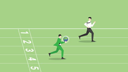 Concept of ESG and green business policy of environmental concern, save a planet, eco friendly, sustainability company. A businessman holds earth, runs on a race track, attention from leader rivalry.