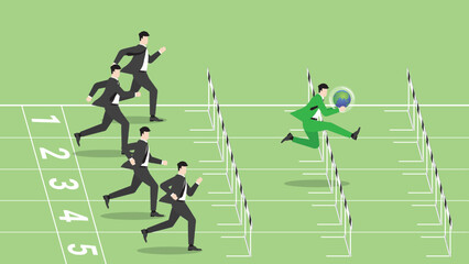 Advantages of ESG and green business policy of environmental concern, eco friendly, sustainability company. A leader businessman holds earth and competitors run and jump over obstacles on race track.