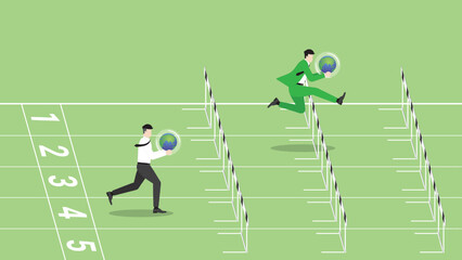 Advantages of ESG and green business policy of environmental concern, save a planet, eco friendly sustainability company. A leader businessman and follower employee hold the earth, run on race track.