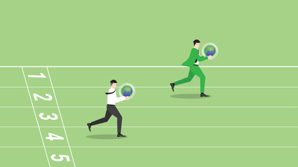 Advantages of ESG and green business policy of environmental concern, save a planet, eco friendly sustainability company. A leader businessman and follower employee hold earth, run on a race track.